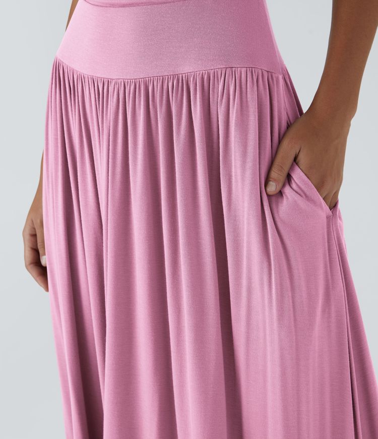 Ribbed Boat Neck Asymmetric Strap Ruched Pocket Flowy Maxi Casual Dress