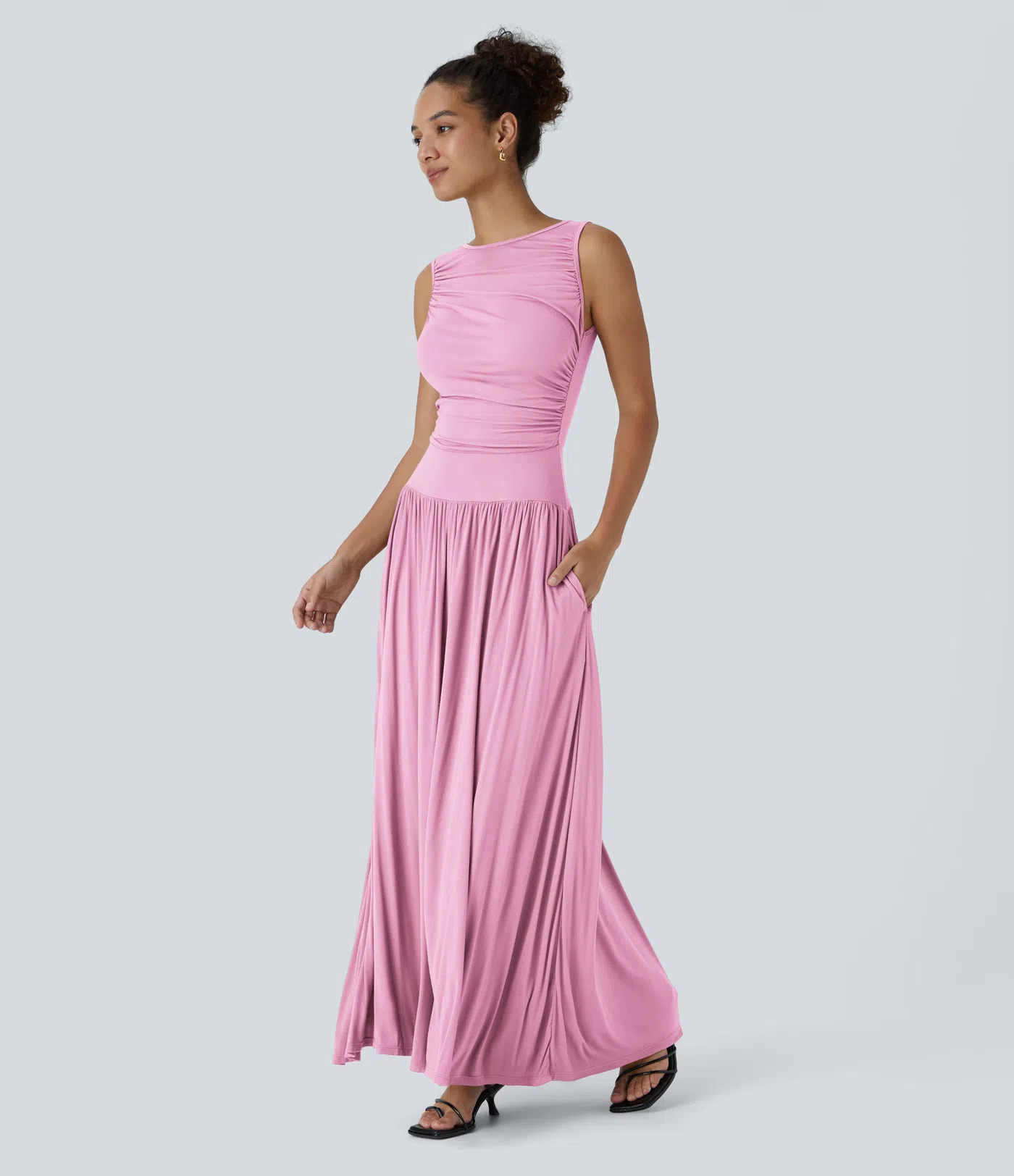 Ribbed Boat Neck Ruched Side Pocket Flowy Maxi Casual Dress