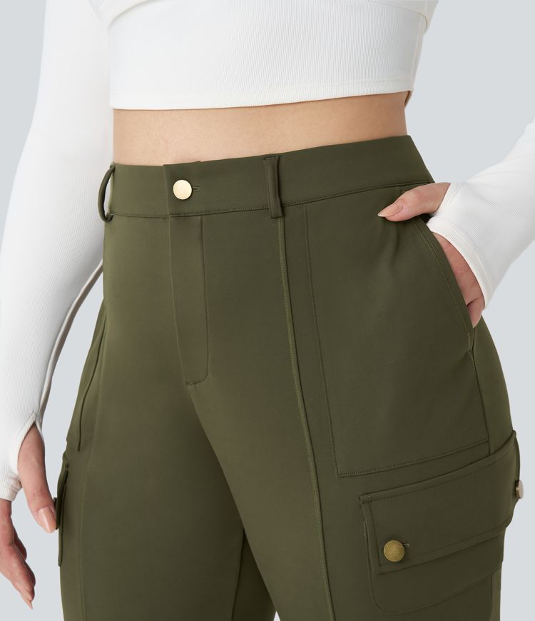 High Waisted Button Zipper Multiple Pockets Solid Slim Hiking Plus Size Cargo Trousers