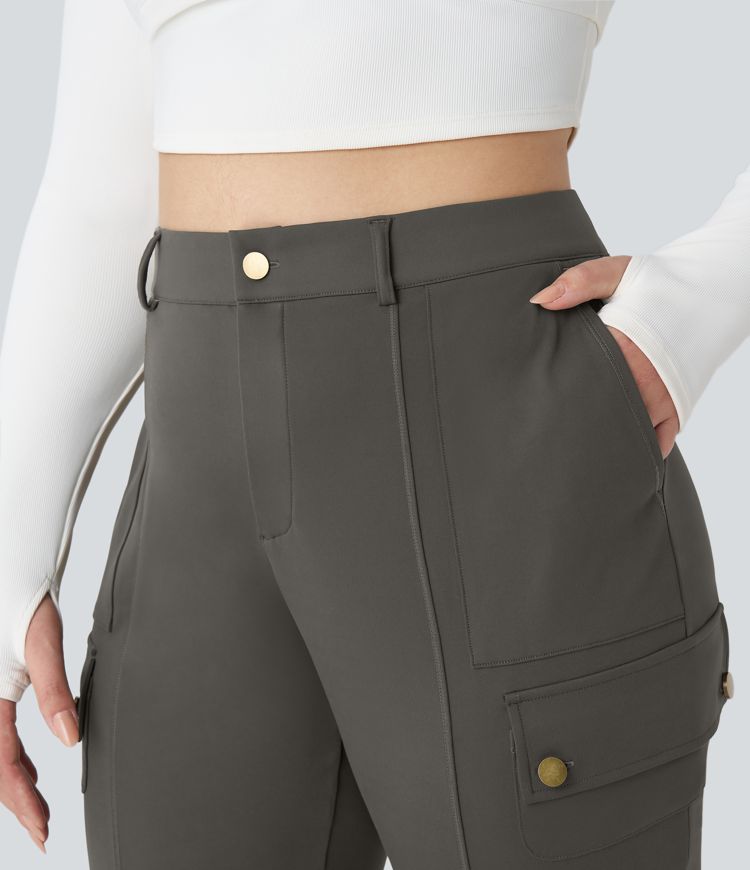 High Waisted Button Zipper Multiple Pockets Solid Slim Hiking Plus Size Cargo Trousers