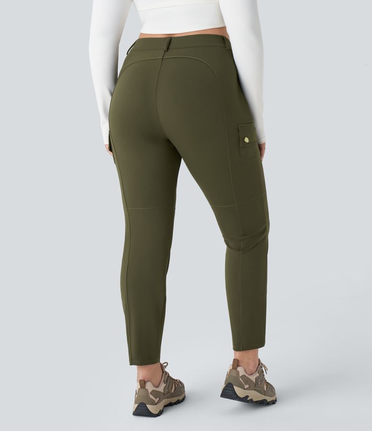 High Waisted Button Zipper Multiple Pockets Solid Slim Hiking Plus Size Cargo Trousers