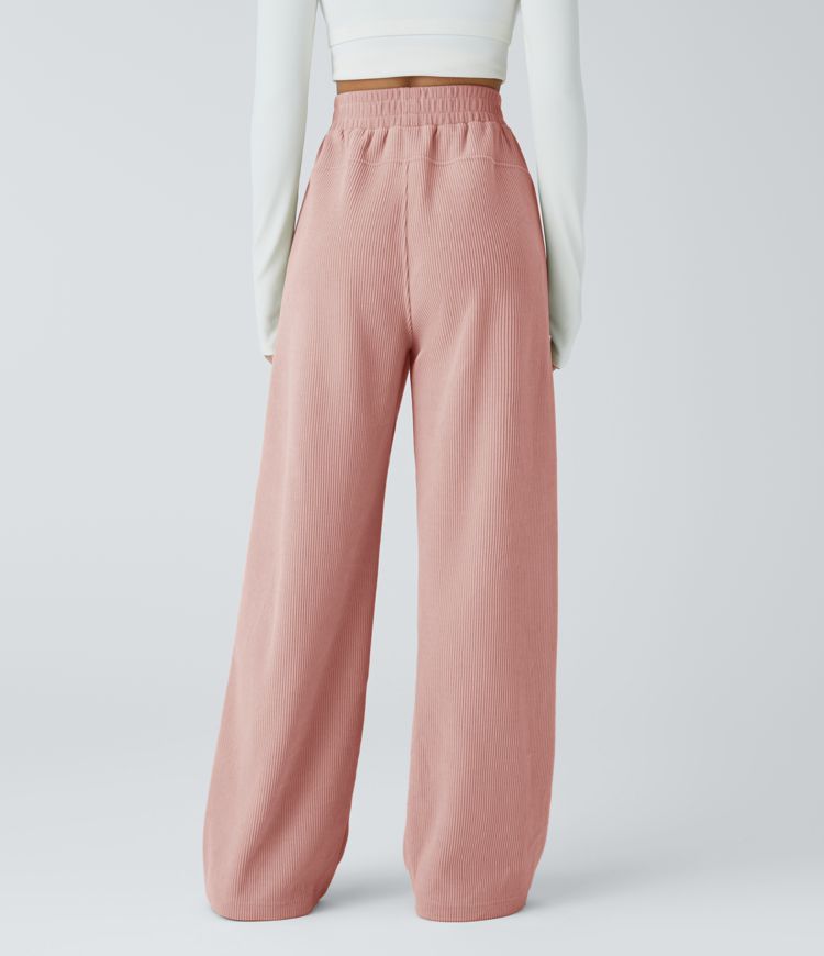 Pantalones casuales rectos de pana de cintura alta con bolsillos