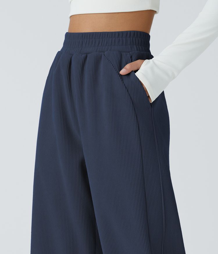 High Waisted Pocket Straight Leg Mop Corduroy Casual Trousers