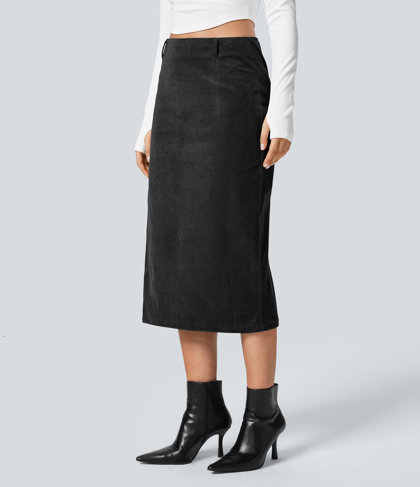 Jupe Casual en Velours Côtelé Mi-longue Taille Haute Fermeture Éclair Invisible et Fente fendue