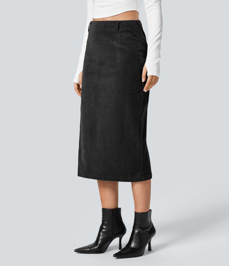 High Waisted Invisible Zipper Split Hem Midi Corduroy Casual Skirt
