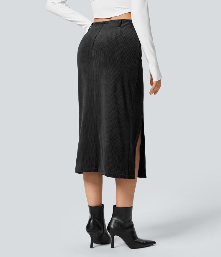 High Waisted Invisible Zipper Split Hem Midi Corduroy Casual Skirt