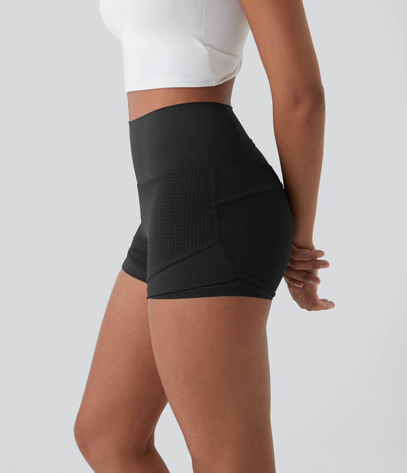 Pantalones cortos de tiro alto 2 en 1 con bolsillo trasero