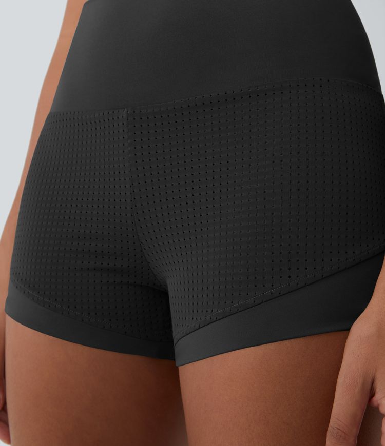 Pantalones cortos de tiro alto 2 en 1 con bolsillo trasero