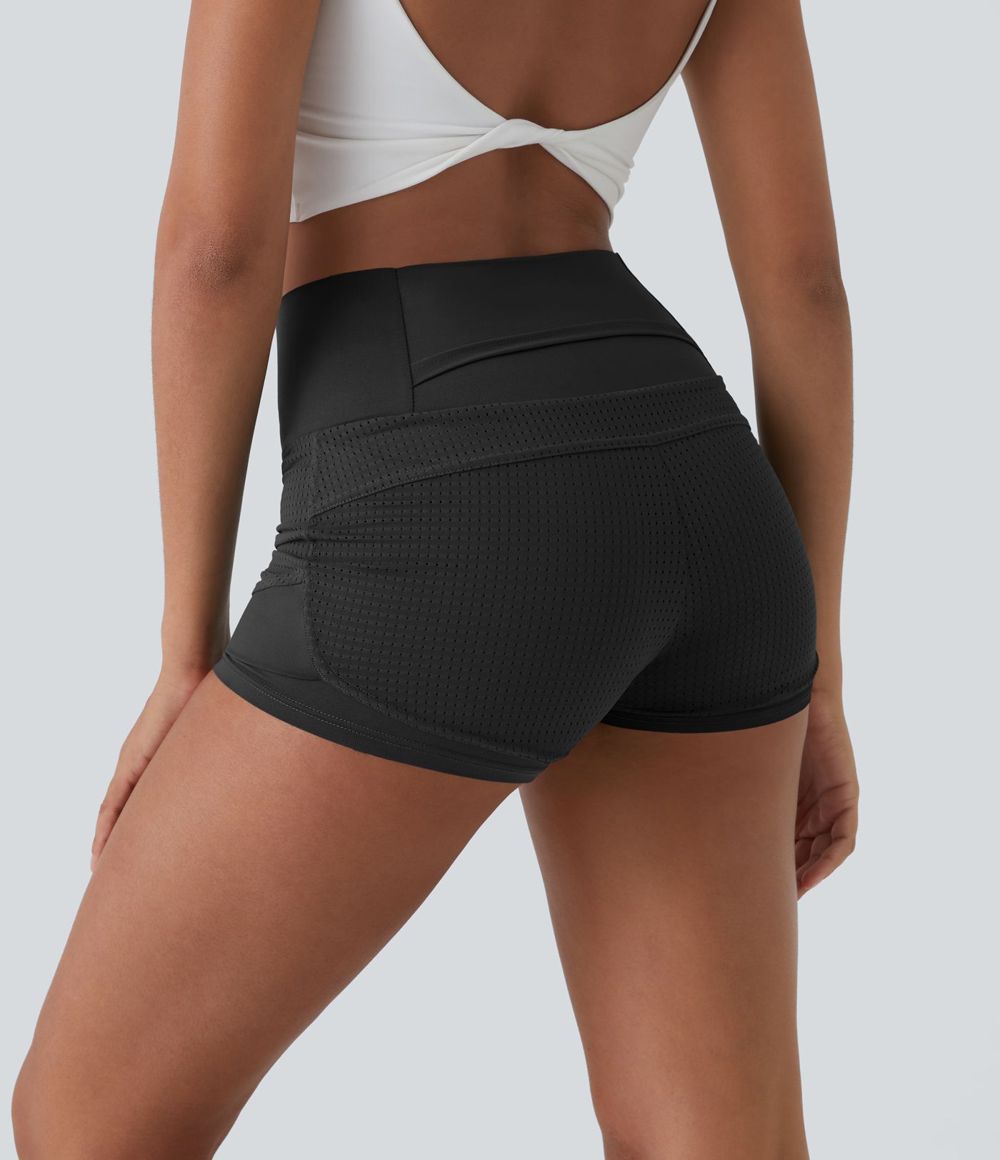 Pantalones cortos de tiro alto 2 en 1 con bolsillo trasero