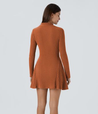 Ribbed Knit Stand Collar Long Sleeve Mini Casual Dress