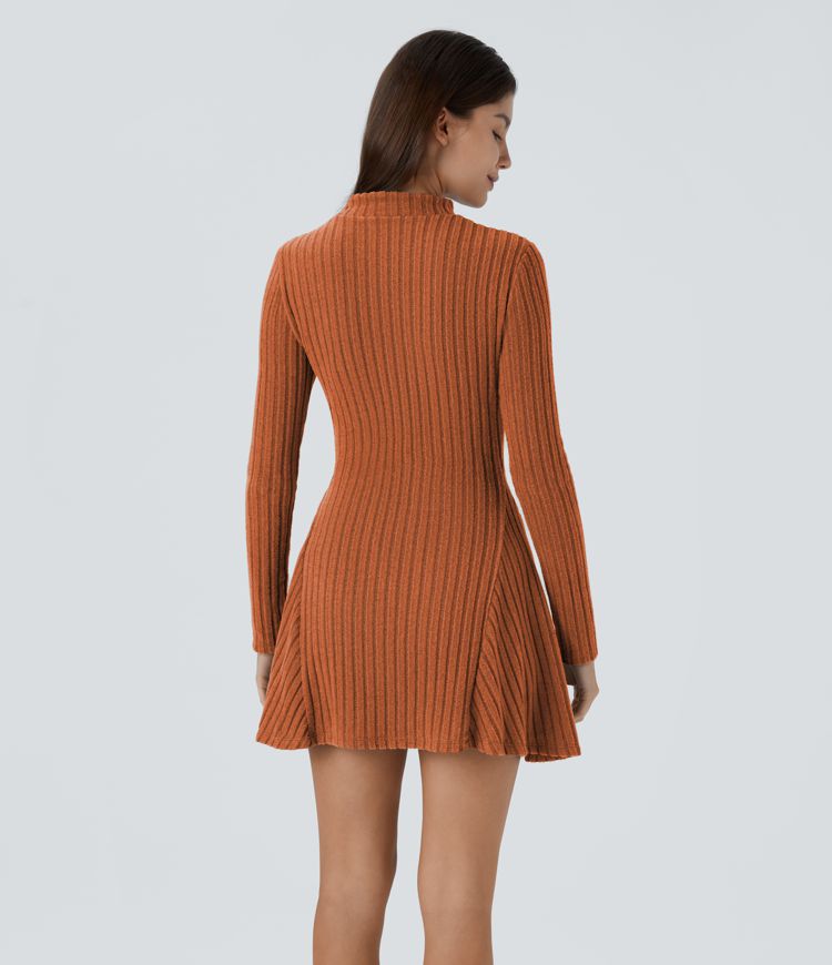 Ribbed Knit Stand Collar Long Sleeve Mini Casual Dress