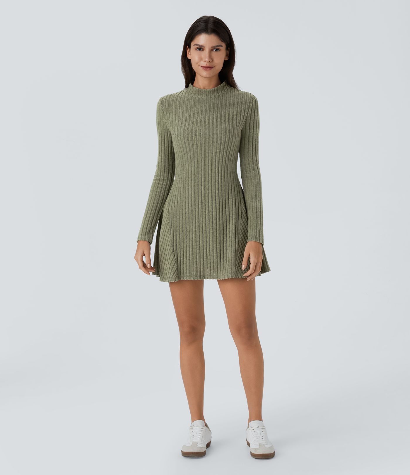 Geripptes Strick-Stehkragen-Langarm-Mini-Freizeitkleid