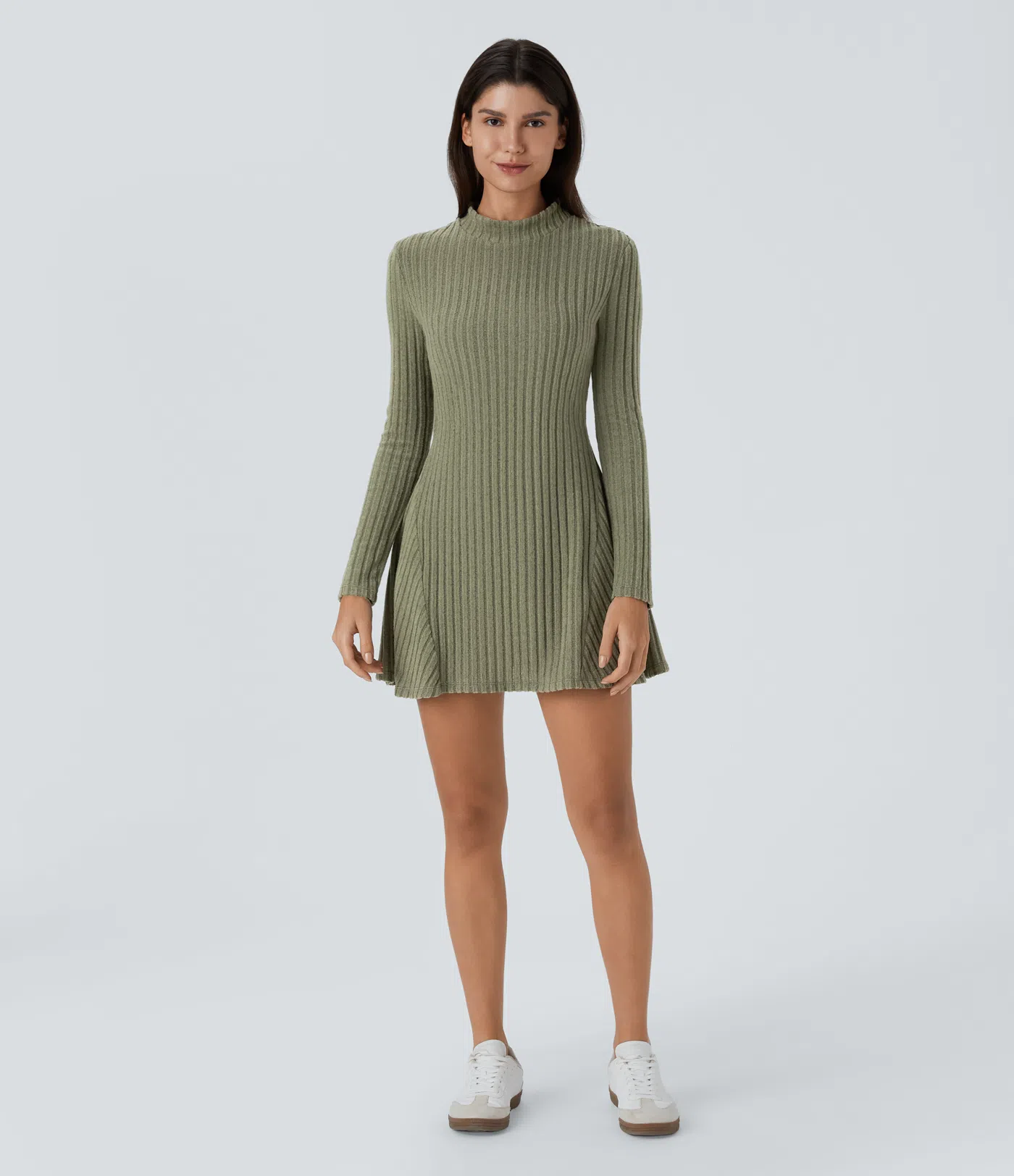 Ribbed Knit Stand Collar Long Sleeve Mini Casual Dress
