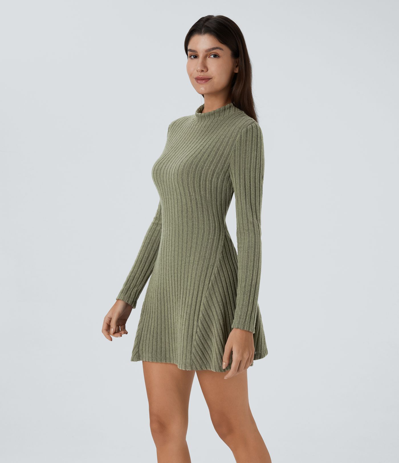 Geripptes Strick-Stehkragen-Langarm-Mini-Freizeitkleid