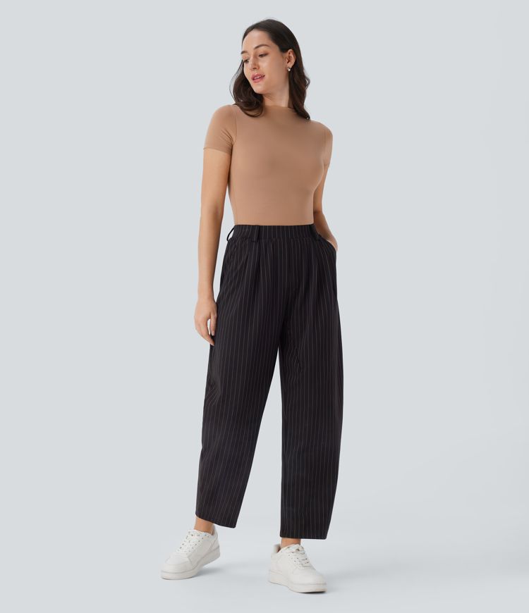 Halara Flex™ gestreifte Stoffhose mit mittelhohem Bund, Seitentaschen und Barrel-Leg, Cool Touch