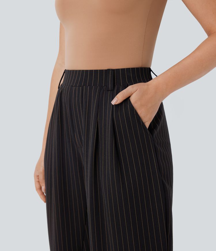 Halara Flex™ gestreifte Stoffhose mit mittelhohem Bund, Seitentaschen und Barrel-Leg, Cool Touch