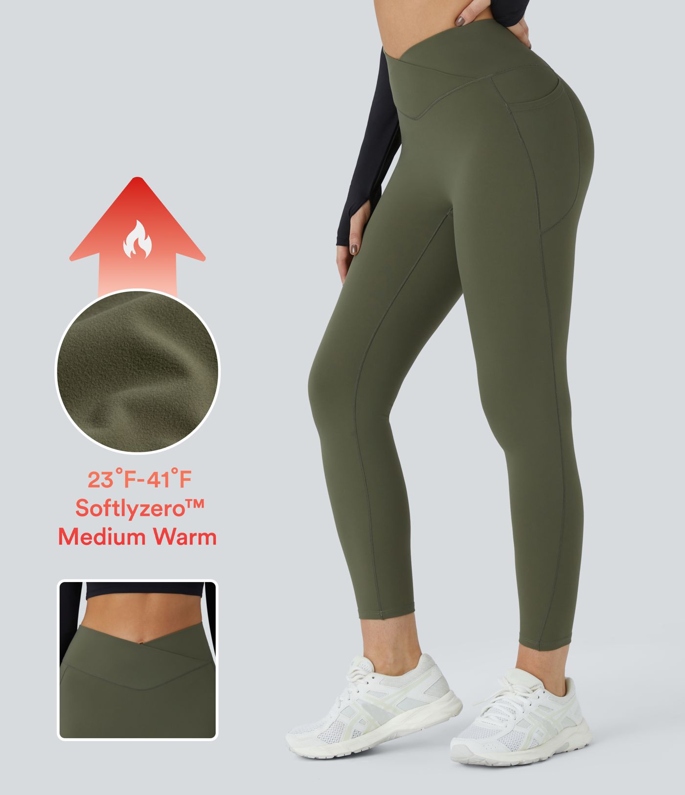 Leggings de yoga Softlyzero™ con bolsillos laterales cruzados de tiro alto con felpa térmica 