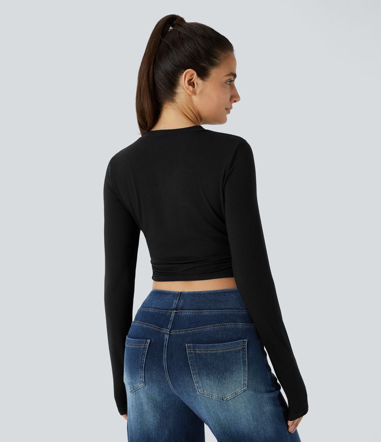 Round Neck Long Sleeve Ruched Skinny Cropped Casual Top