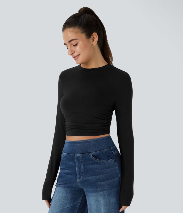  Round Neck Long Sleeve Ruched Skinny Cropped Casual Top