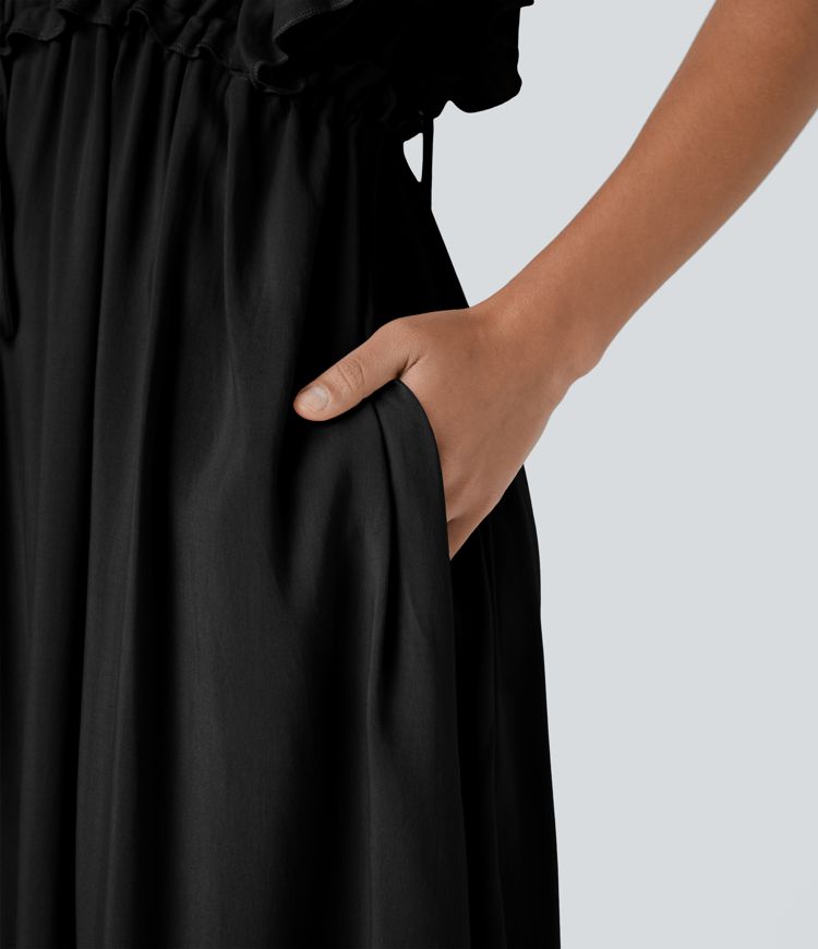 Vestido largo fluido cuello V profundo manga mariposa sin espalda botón cordón bolsillo lateral