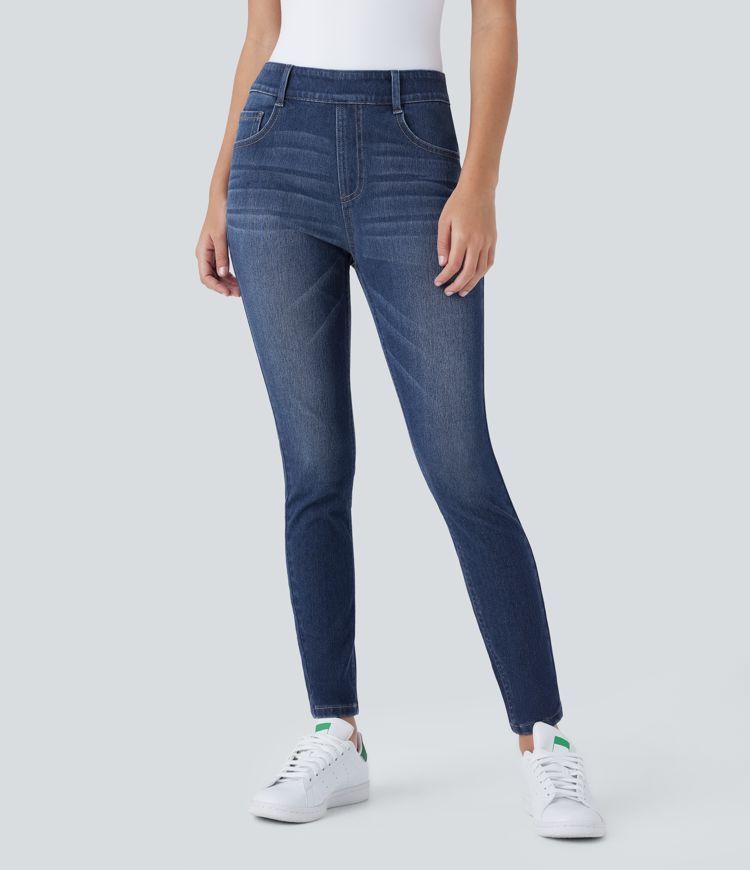 Halara Flex™ überziehbare Skinny-Jeans mit mittelhohem Bund, mehreren Taschen, dehnbarem Strick