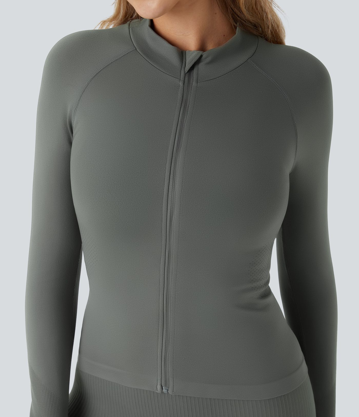 OneForm Seamless Flow Stand Collar Raglan Sleeve Thumb Hole Zipper Skinny Yoga Jacket