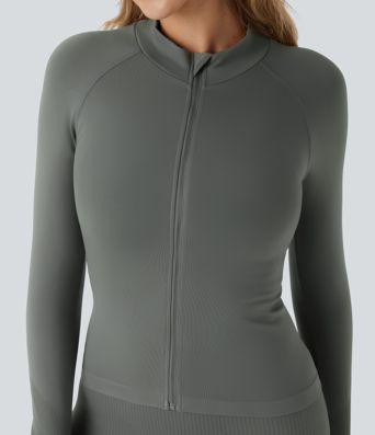OneForm Seamless Flow Stand Collar Raglan Sleeve Thumb Hole Zipper Skinny Yoga Jacket
