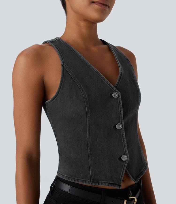 Halara Flex™ V Neck Washed Denim Casual Vest