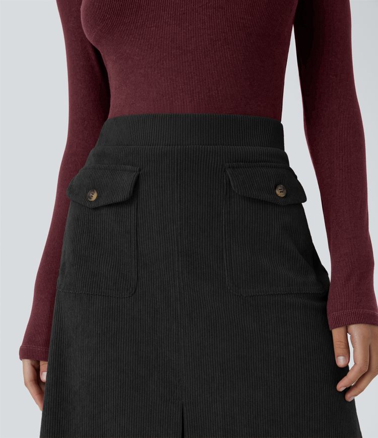 Mid Rise Front Side Flap Pocket Midi Corduroy Casual Skirt
