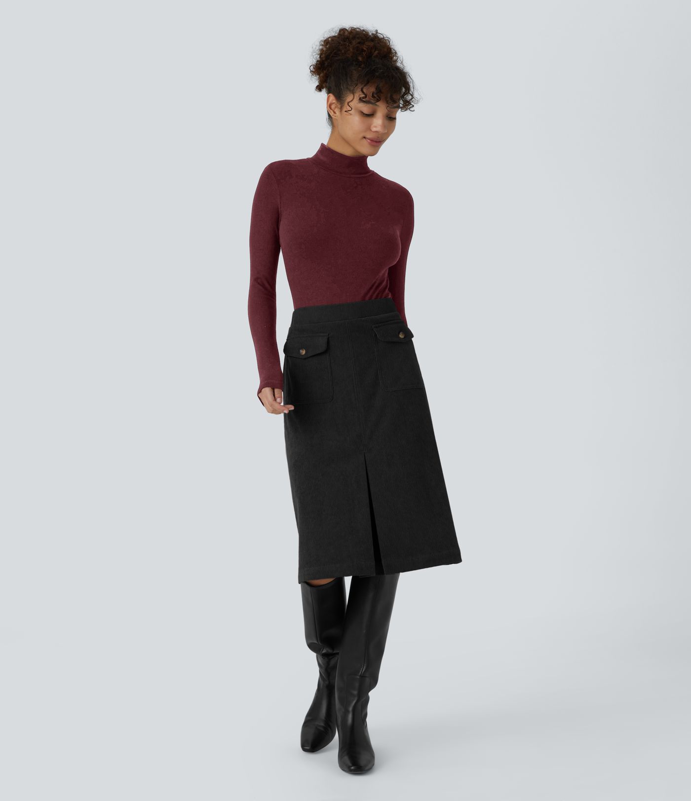 Mid Rise Front Side Flap Pocket Midi Corduroy Casual Skirt