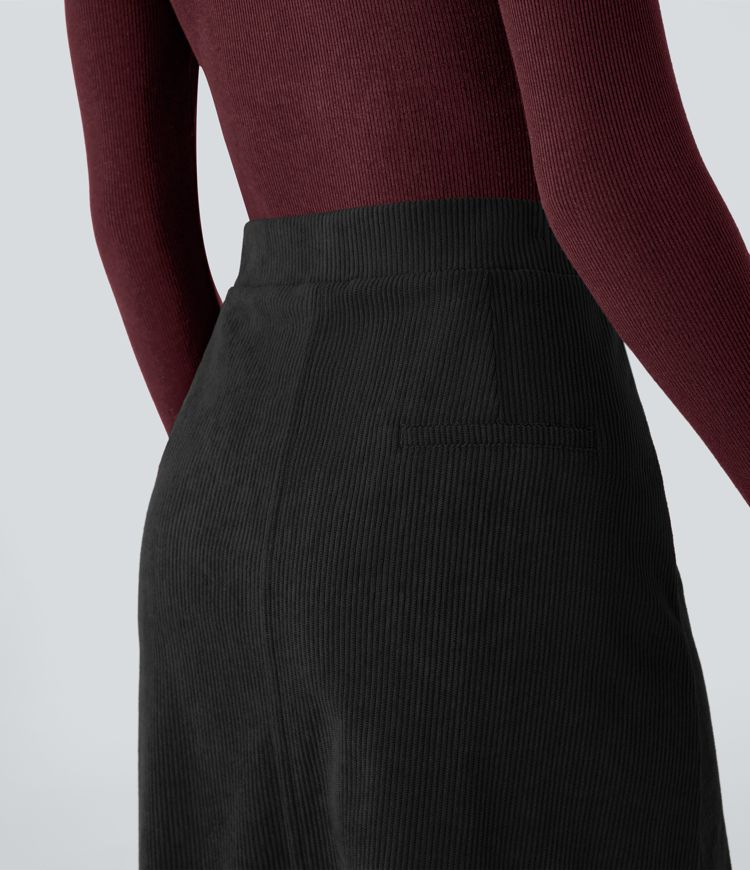 Mid Rise Front Side Flap Pocket Split Midi Corduroy Casual Skirt