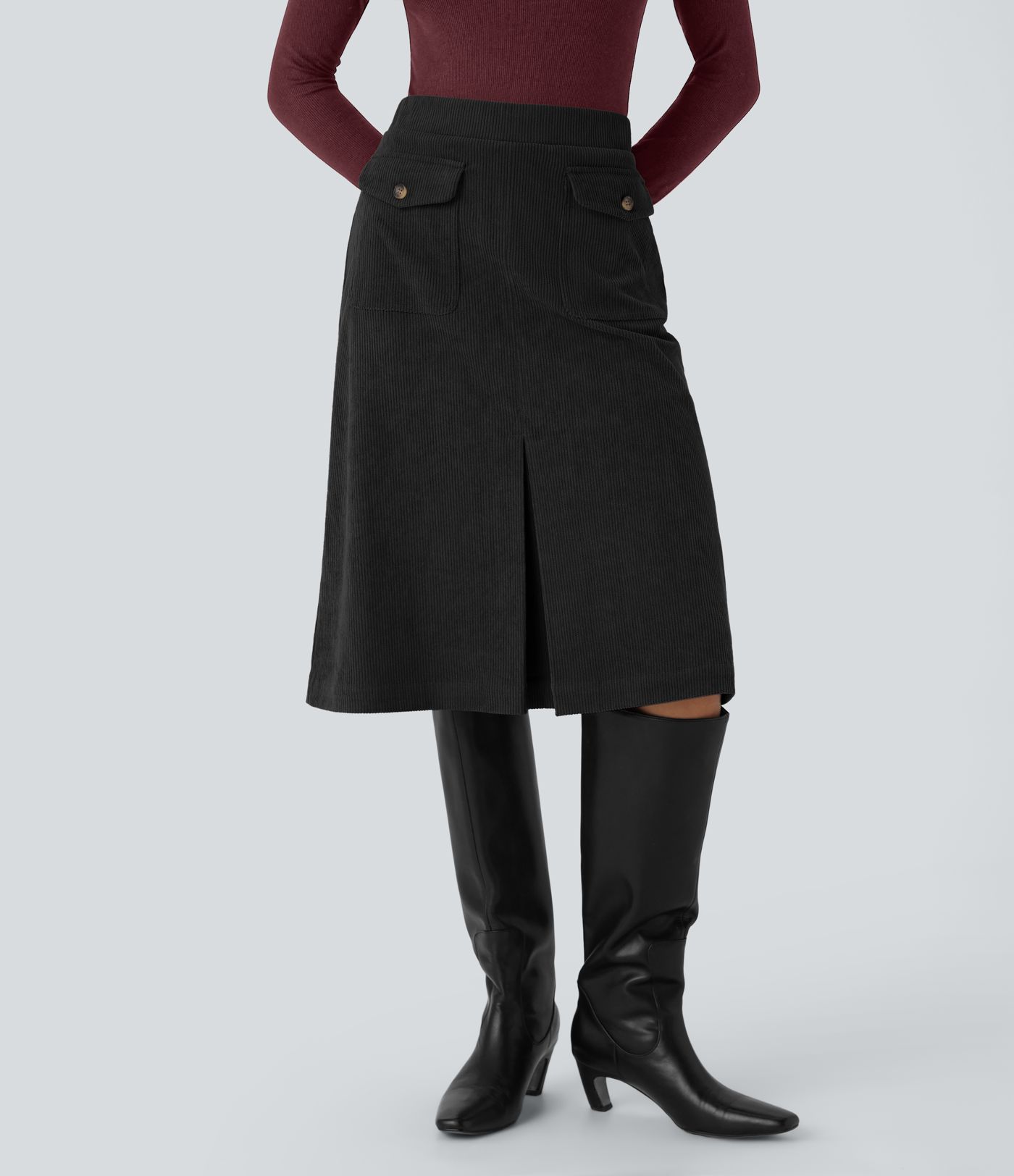 Mid Rise Front Side Flap Pocket Midi Corduroy Casual Skirt