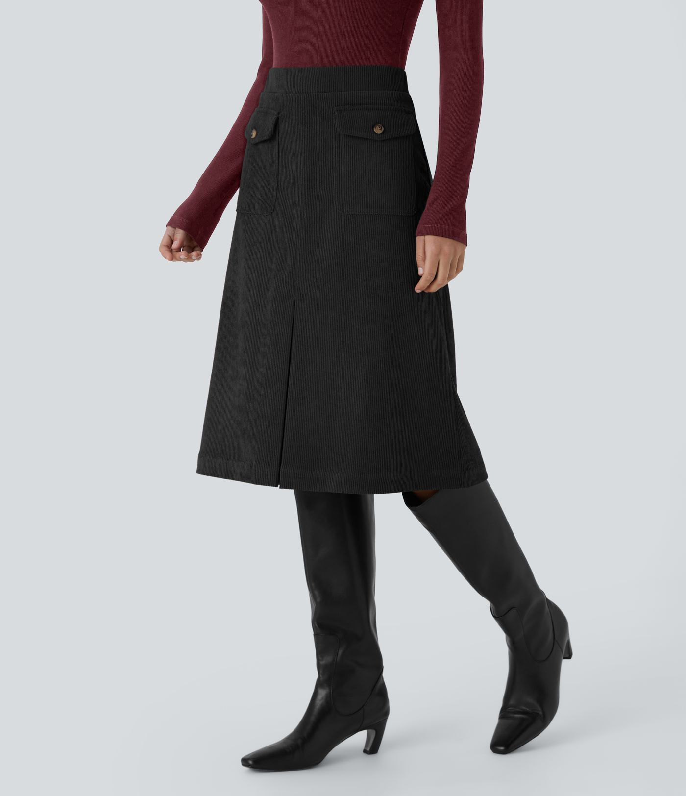 Mid Rise Front Side Flap Pocket Midi Corduroy Casual Skirt