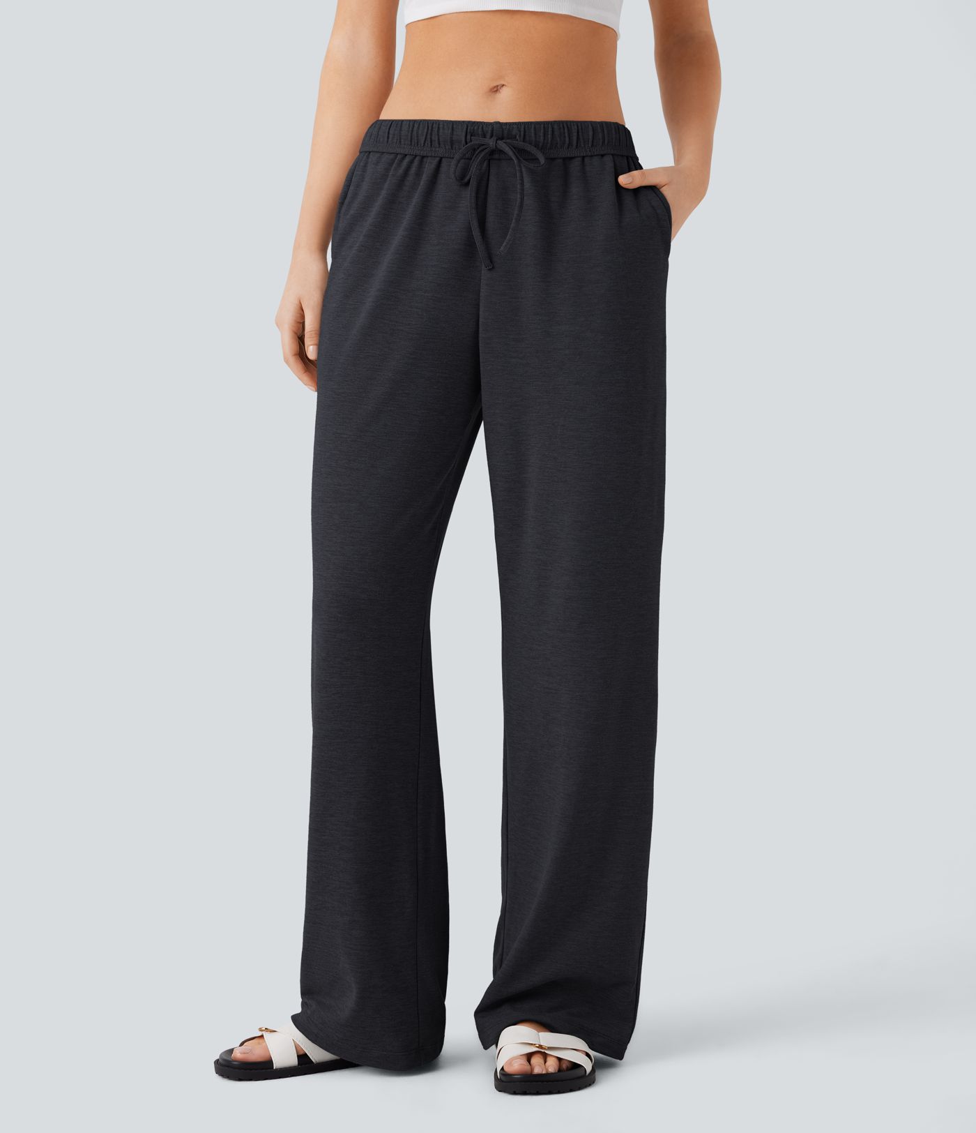 High Waisted Foldover Drawstring Pocket Straight Leg Casual Pants