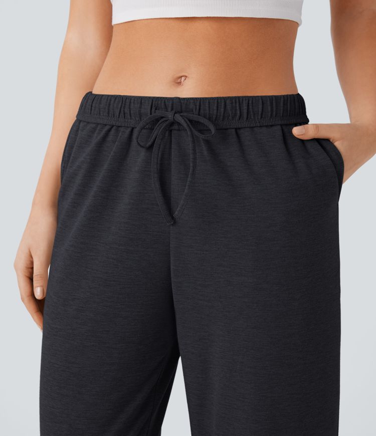 High Waisted Foldover Drawstring Pocket Straight Leg Casual Pants