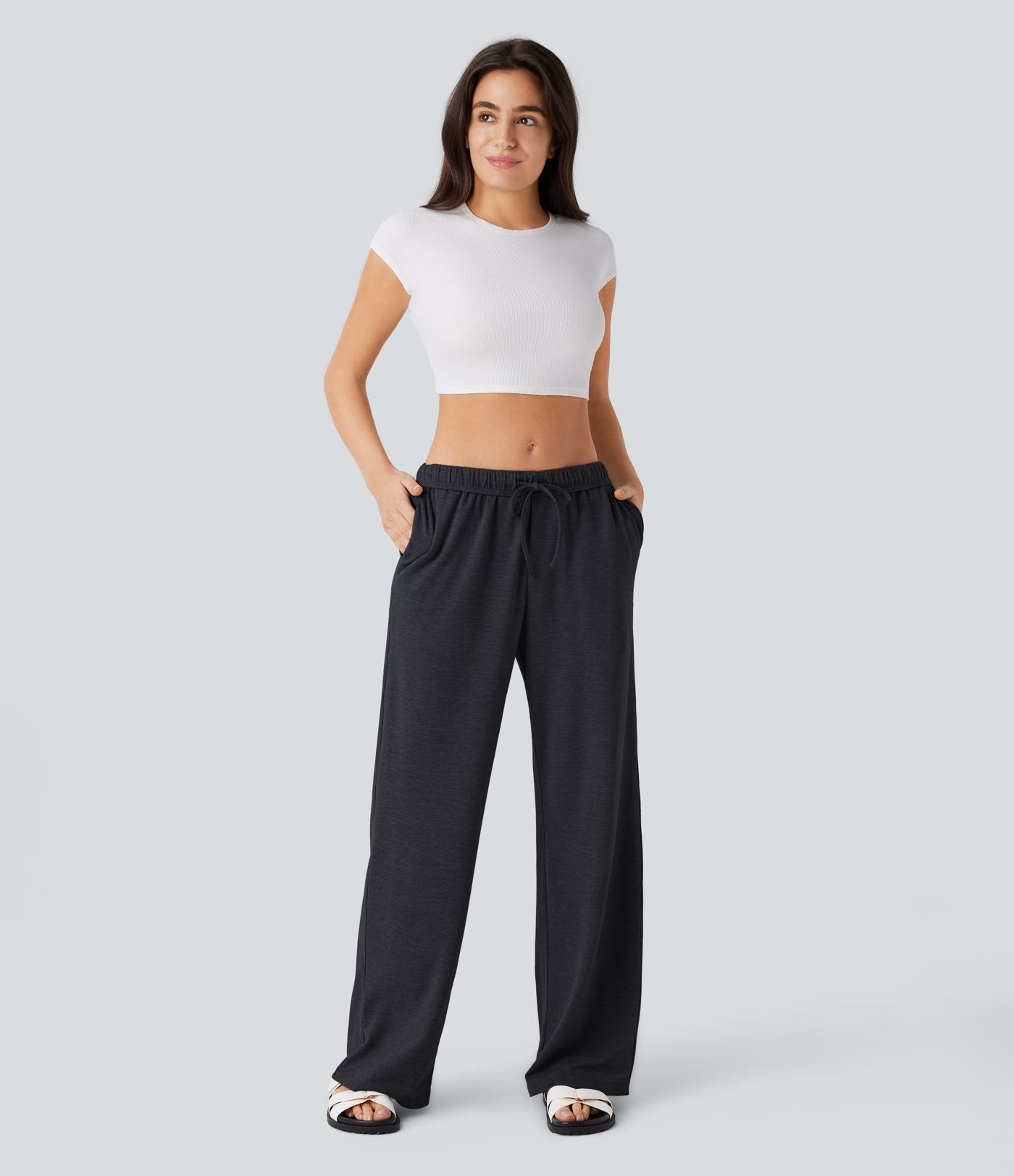 High Waisted Foldover Drawstring Pocket Straight Leg Casual Pants