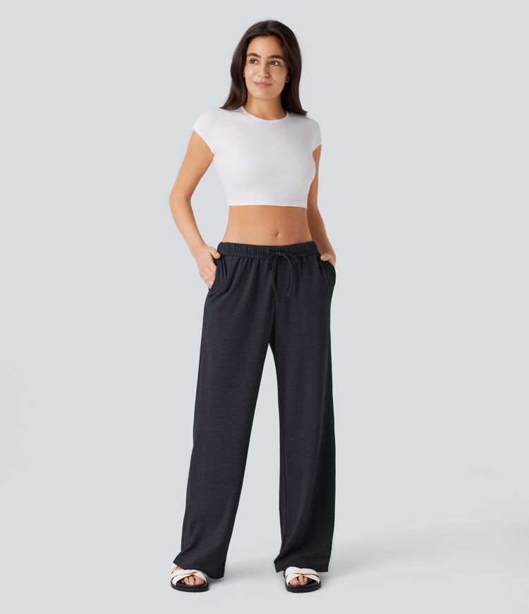 High Waisted Foldover Drawstring Pocket Straight Leg Casual Pants