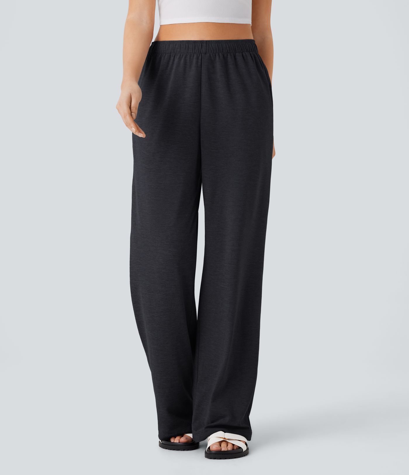 High Waisted Foldover Drawstring Pocket Straight Leg Casual Pants