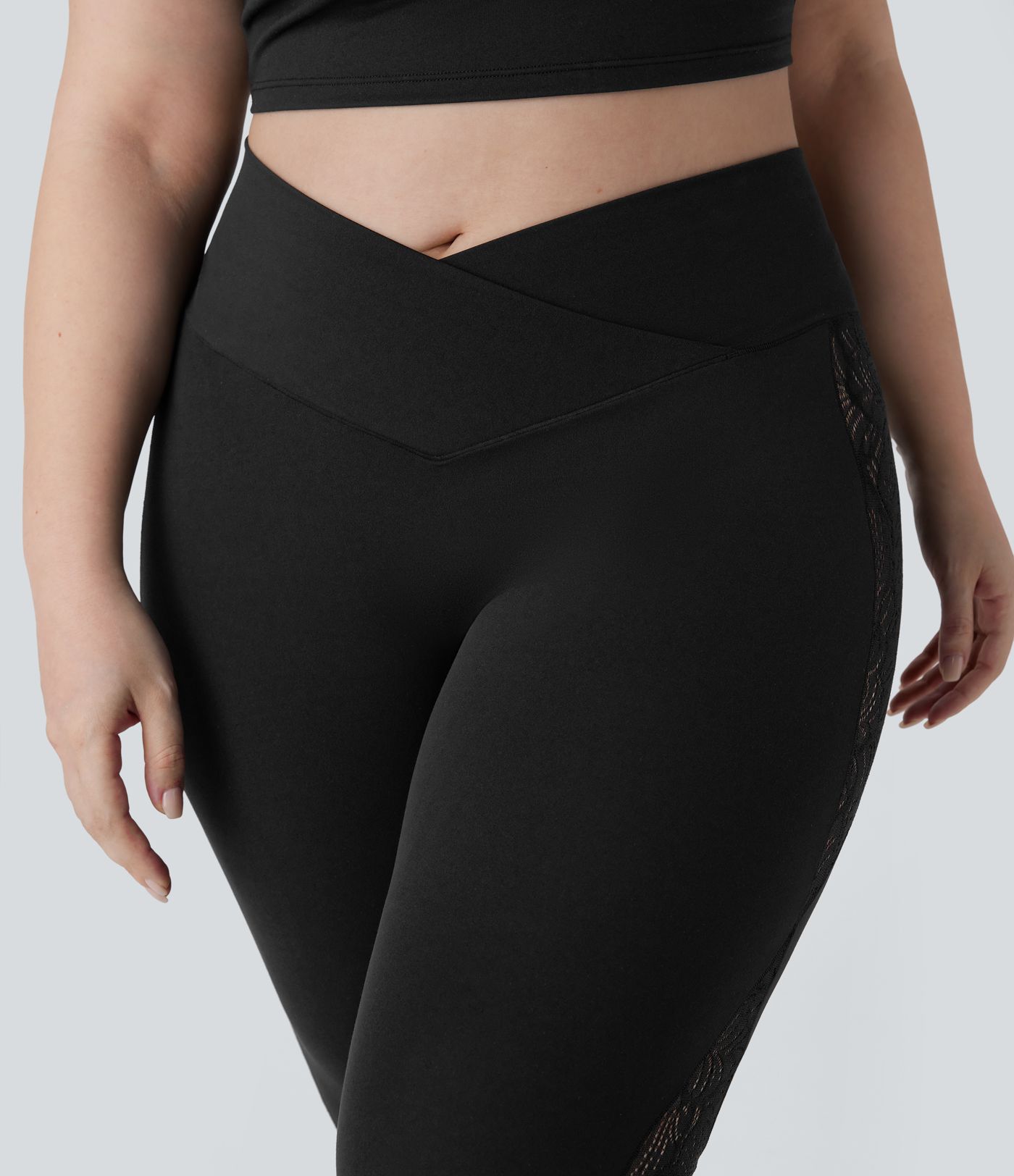 SoftlyZero™ High Waisted Crossover Contrast Lace Pocket Yoga 7/8 Plus Size Leggings-UPF50+