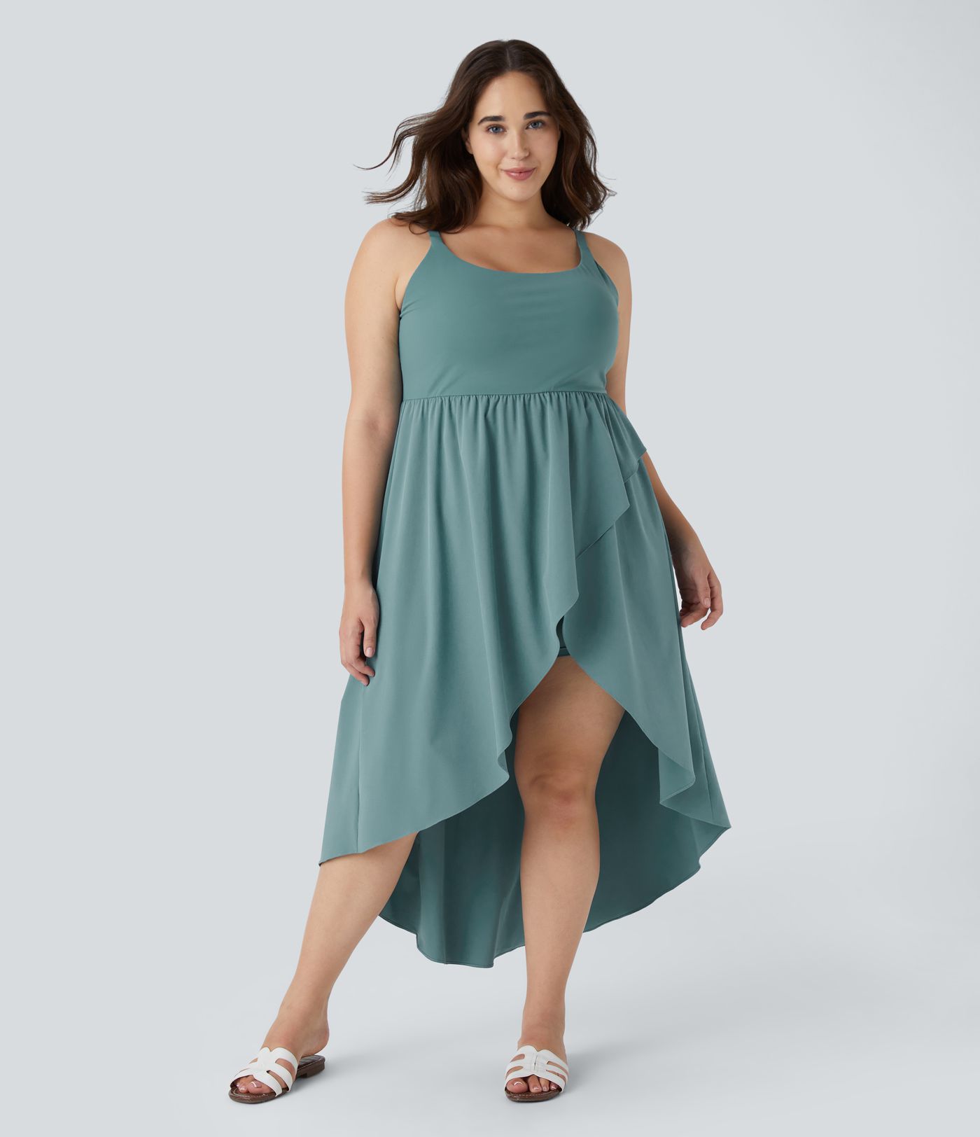 Breezeful™ Asimetriska divdaļīga kleita ar šķērsveida apakšmalu, ar kabatām, plūstoša, ātri žūstoša, ikdienas, lielāka izmēra