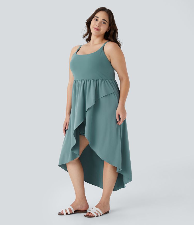 Breezeful™ Asymmetric Crossover Hem 2-Piece Pocket Flowy Midi Quick Dry Casual Plus Size Dress
