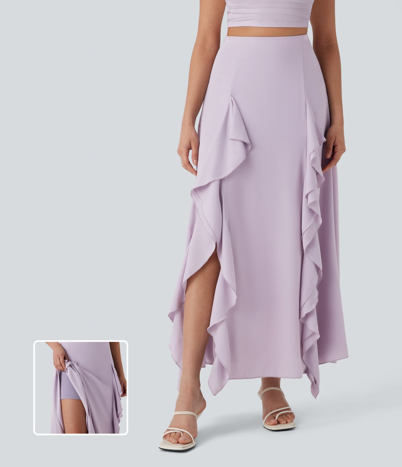 2-in-1-Maxi-Freizeitrock mit hohem Bund, Hoch taillierter, unsichtbarem Reißverschluss und geschlitztem Rüschen