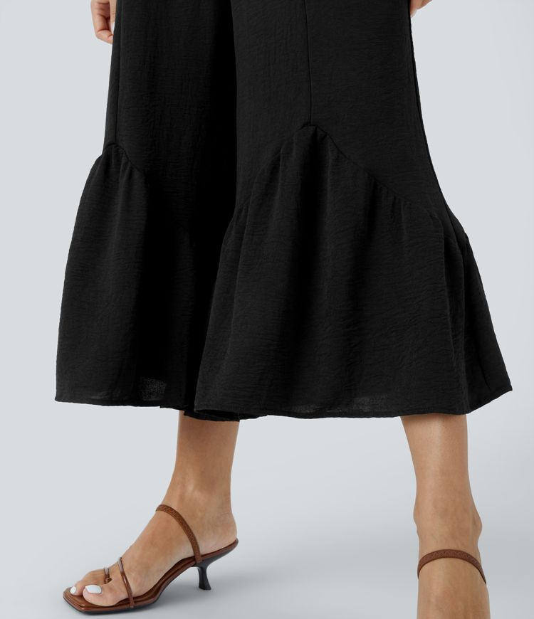 Backless Crisscross Adjustable Strap Button Side Pocket Frill Wide Leg Capri Casual Jumpsuit