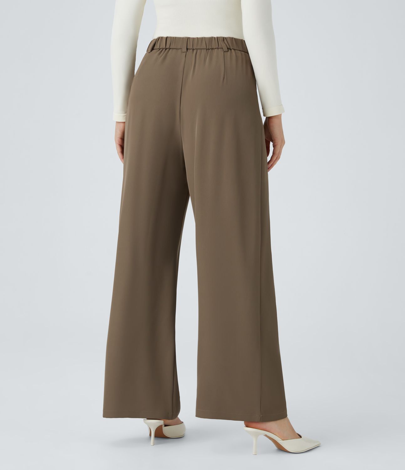 High Waisted Button Zipper Side Pocket Wide Leg Work Trousers