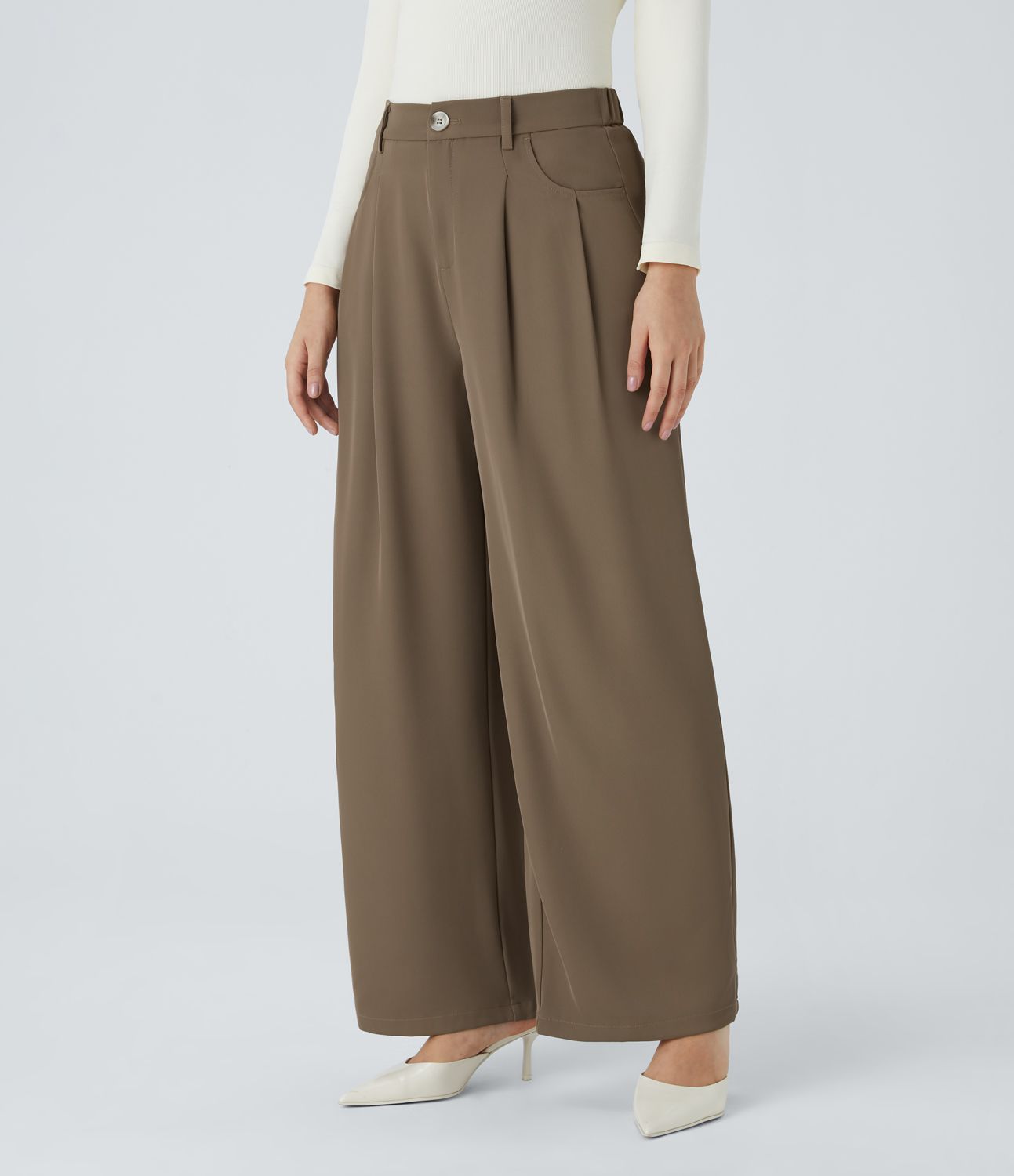 High Waisted Button Zipper Side Pocket Wide Leg Work Trousers