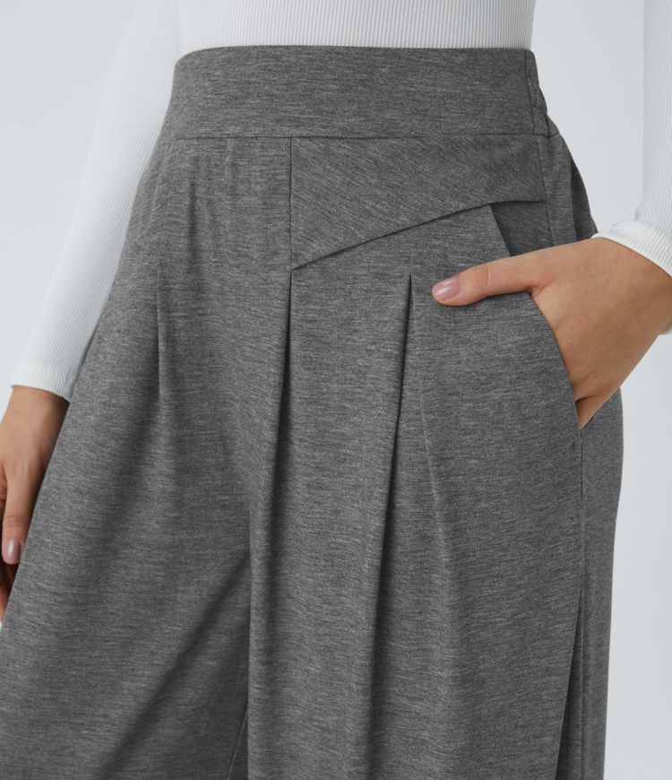 High-waisted pleated side pocket wide floral casual pants