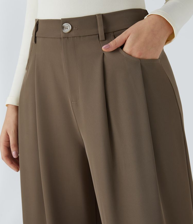 High Waisted Button Zipper Side Pocket Wide Leg Work Trousers