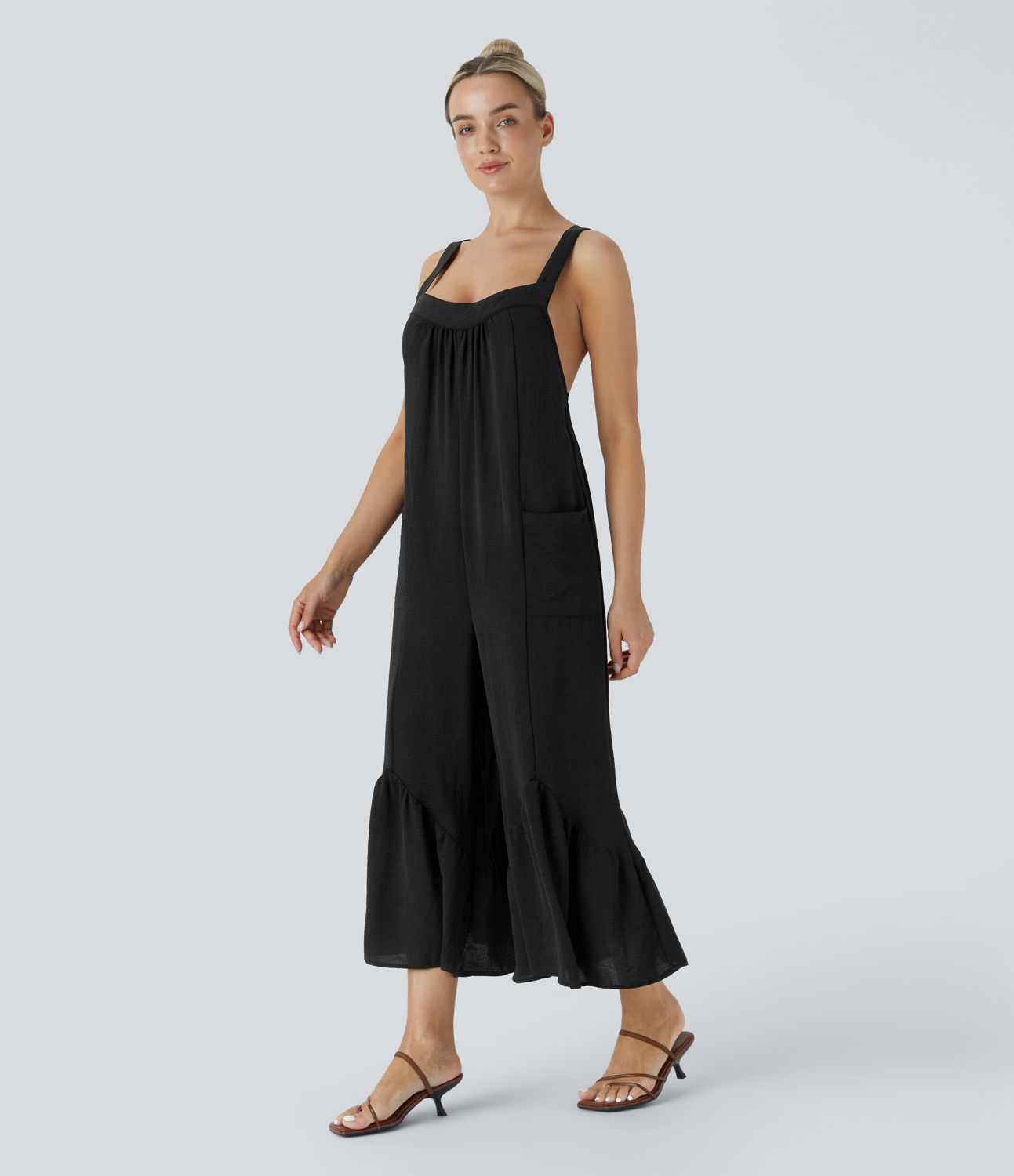 Backless Crisscross Adjustable Strap Button Side Pocket Frill Wide Leg Capri Casual Jumpsuit