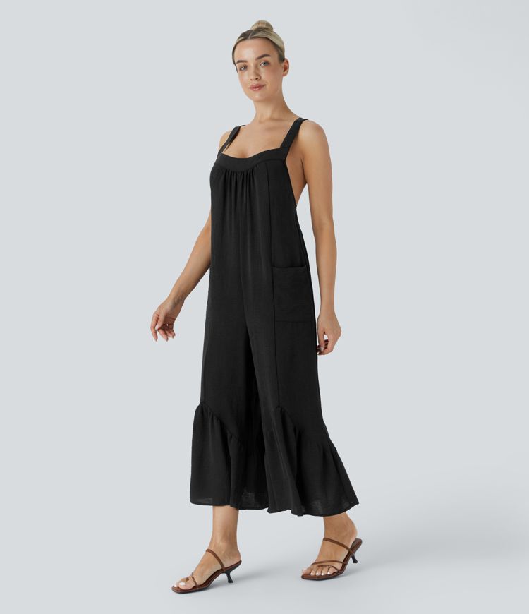 Backless Crisscross Adjustable Strap Button Side Pocket Frill Wide Leg Capri Casual Jumpsuit