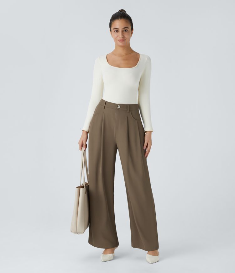 High Waisted Button Zipper Side Pocket Wide Leg Work Trousers